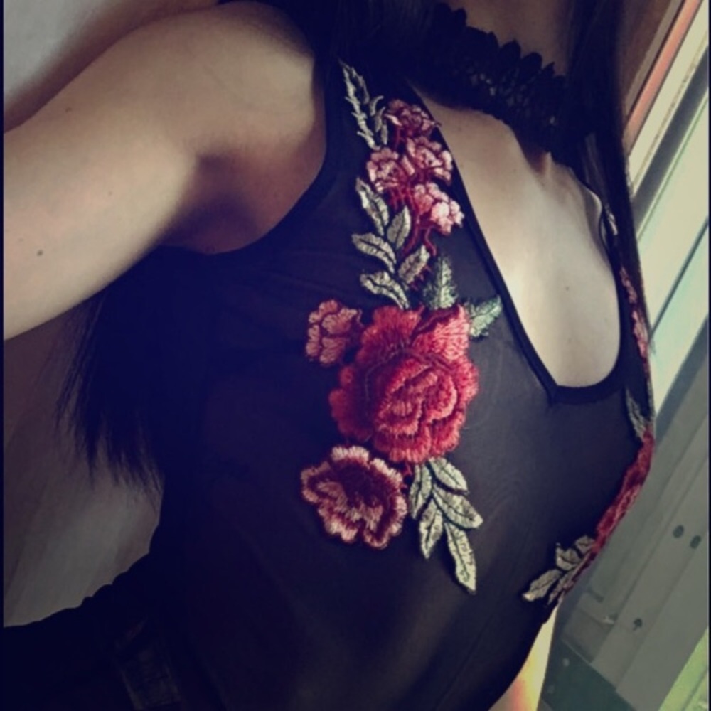 Floral Mesh Lace Embroidered Rose Choker Bodysuit Top